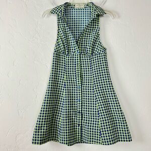 UO Urban Outfitters‎ Dress Mini Gingham Plaid Print Blue Green Neon Retro V Neck